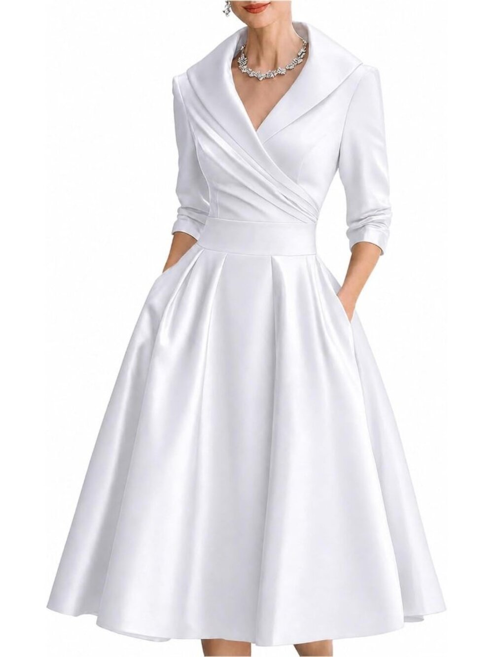 Women's White Wrap Long Sleeve V-Neck Silky Casual Elegant Midi Church Dress